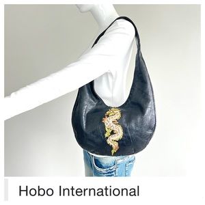 HOBO International Black Crackled Leather Dragon Embroidered Patch Hobo Tote